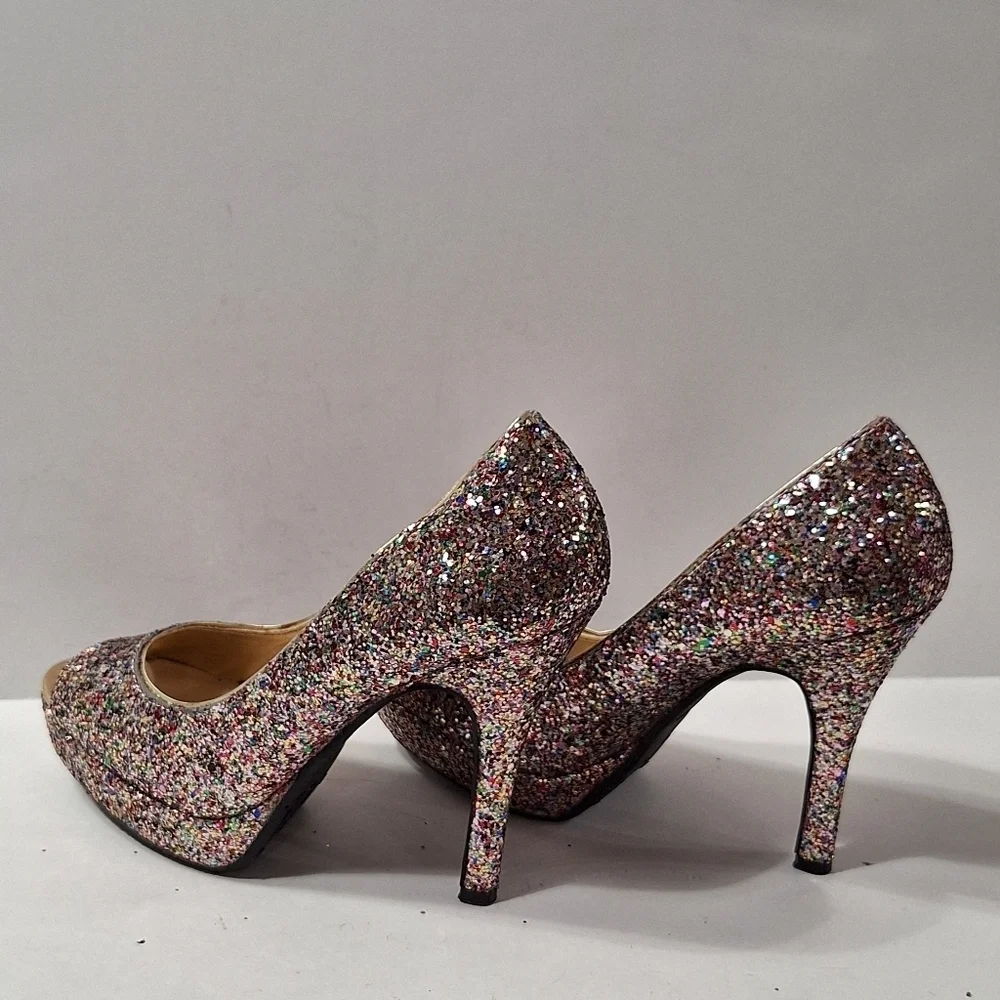 Candies Bohemian Retro Glitter Rainbow Peep Toe Platform Stiletto Heels Size 6.5